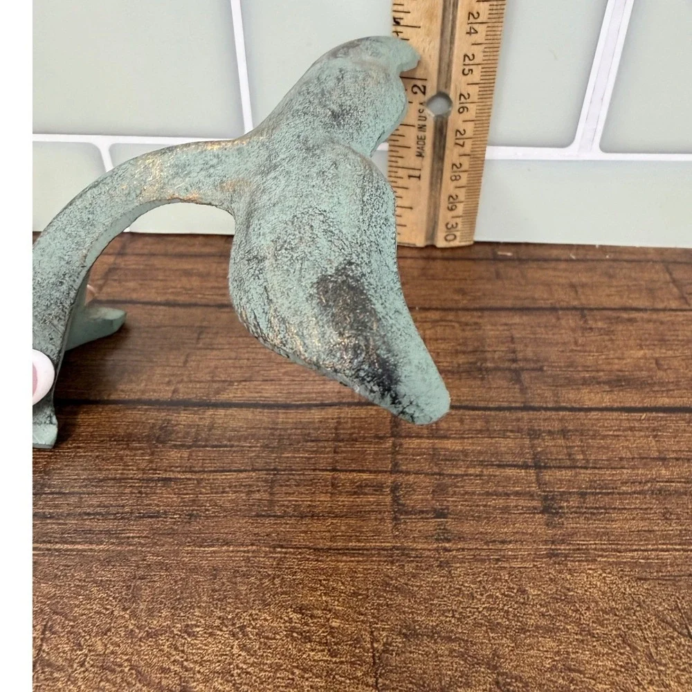 Set of 5 Cast Iron Whale Tail Wall Hooks Verdigris Coastal Green Nautical